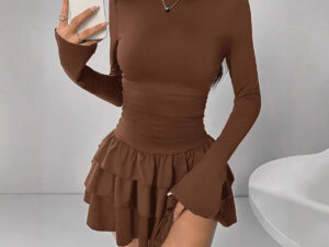 Round-neck Sheath Dress With Pleats And Long Sleeves