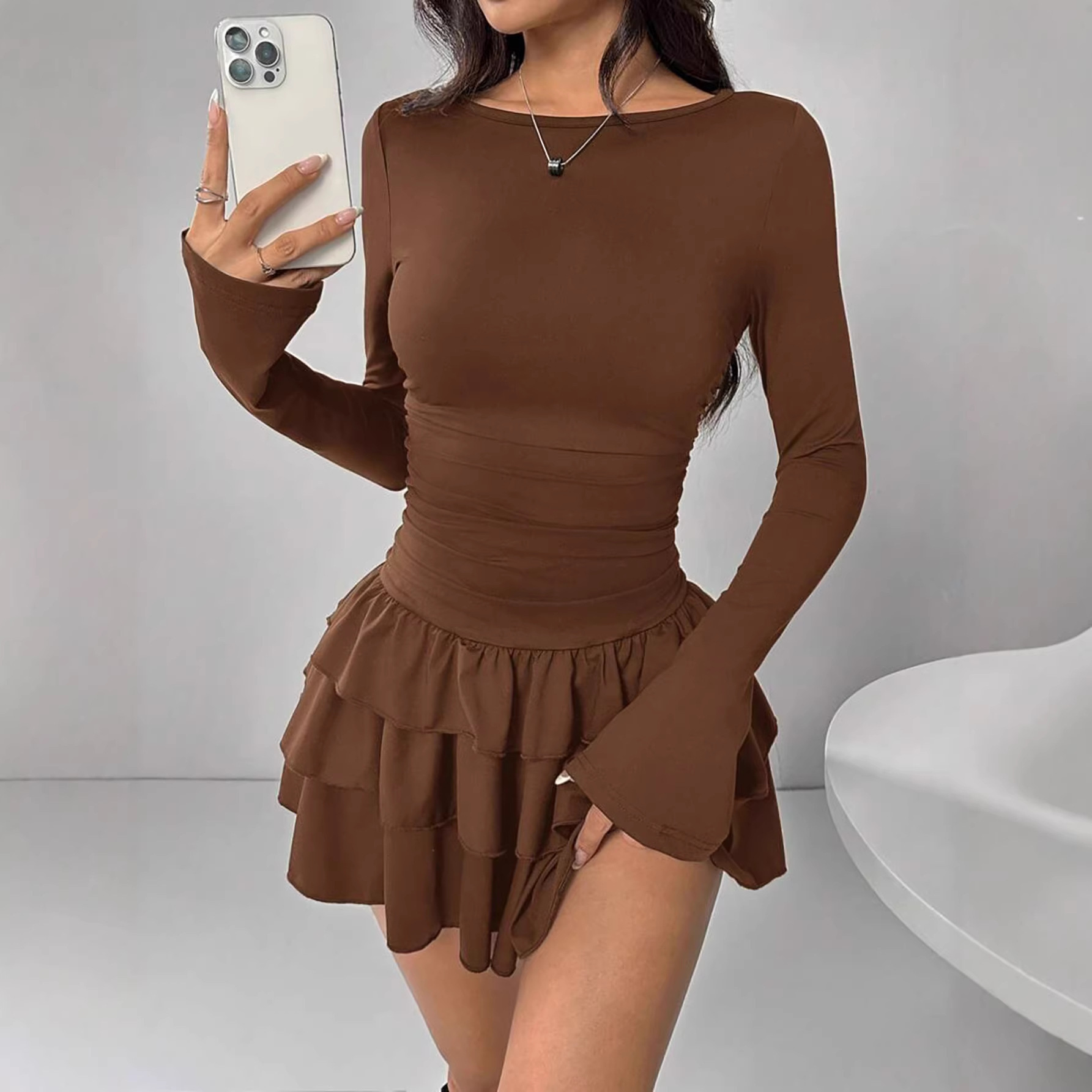 Round-neck Sheath Dress With Pleats And Long Sleeves