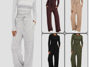 2 Pieces Women's Suit Autumn Winte Long Sleeve Tops High Waisted Wide Leg Pants Sportswear Female Clothes Solid Color Casual Suit