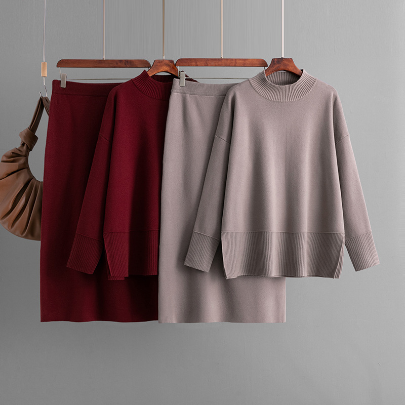 New FallWinter Solid-Color Turtleneck Sweater And Slit Bodycon Skirt Two-Piece Set - Image 2