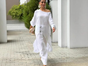 Wooden-button Loose Asymmetrical Robe Set With Long Pants