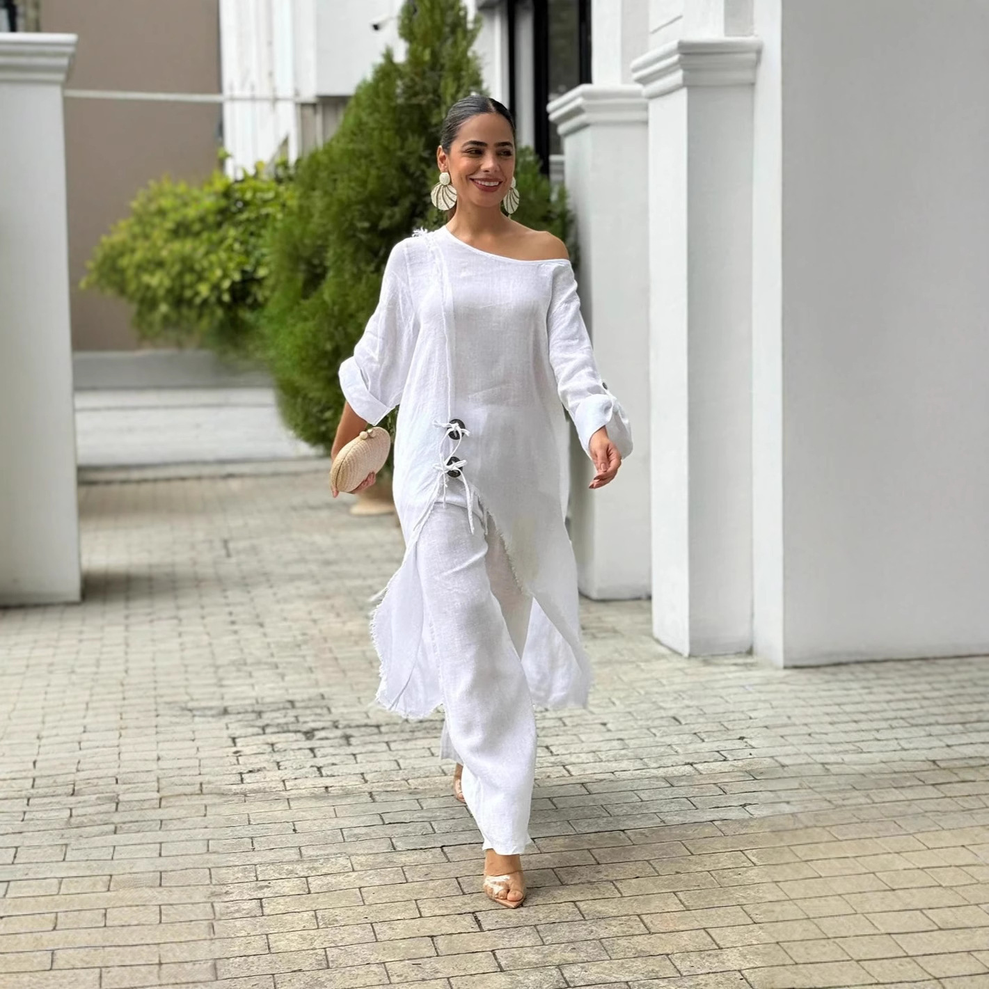 Wooden-button Loose Asymmetrical Robe Set With Long Pants