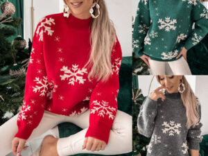 Fall Winter Women's Christmas Sweater Knitted Fluffy Loose Casual Christmas Snowflake Print Long Sleeves Pullovers Tops Streetwear