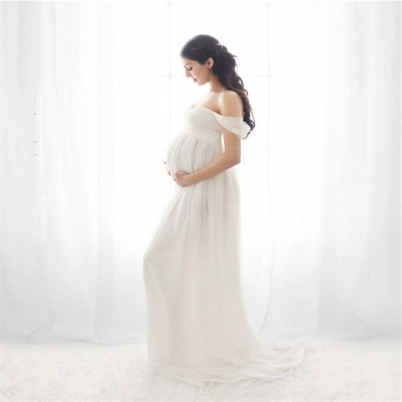 Chiffon Maternity Strapless Solid White Dresses For Photo Shoot - Image 2