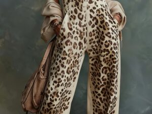 Women's American Retro Leopard Print V-Neck Zipper Wide-Leg Overalls Jumpsuit