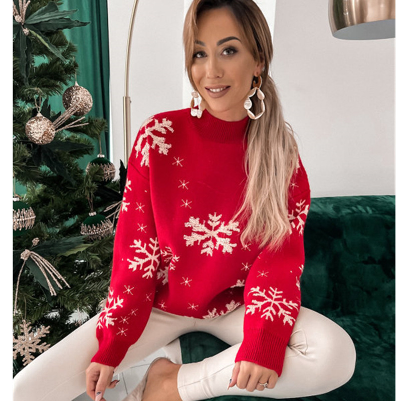 Fall Winter Women's Christmas Sweater Knitted Fluffy Loose Casual Christmas Snowflake Print Long Sleeves Pullovers Tops Streetwear - Image 9