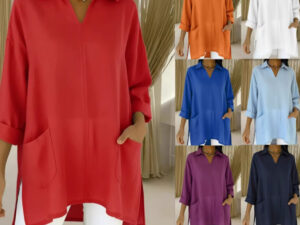 Womens Fashion Solid-color Pocket Shirt With A Loose-fitting Collar