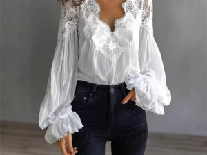 Womens Lace-Patchwork Ruffle-Shoulder Pleated Shirt