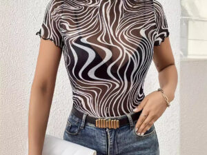 Elegant Womens Mesh Top With Floral Print Striped Design And Ruffle Trim Short Sleeves