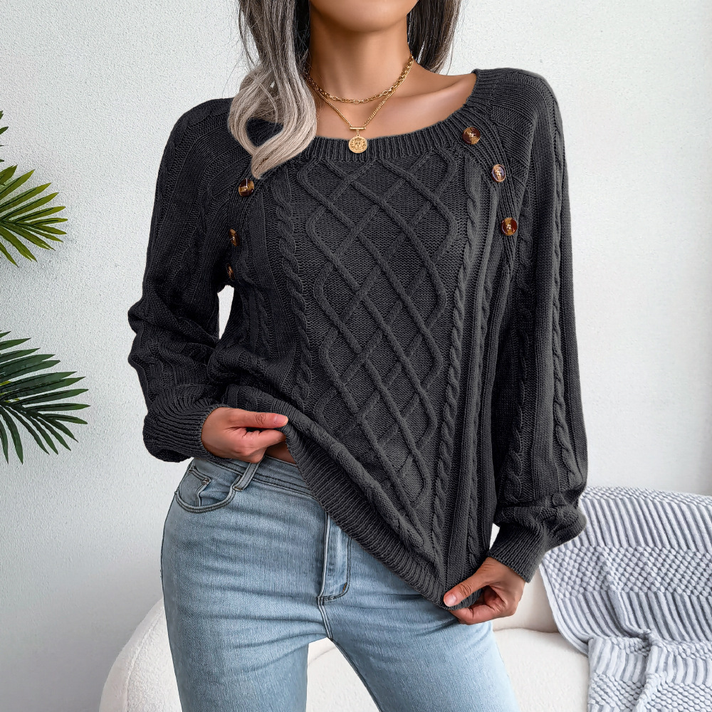 Square Neck Knitted Sweater With Button Design Winter Warm Long Sleeve Tops Women's Clothing - Image 2