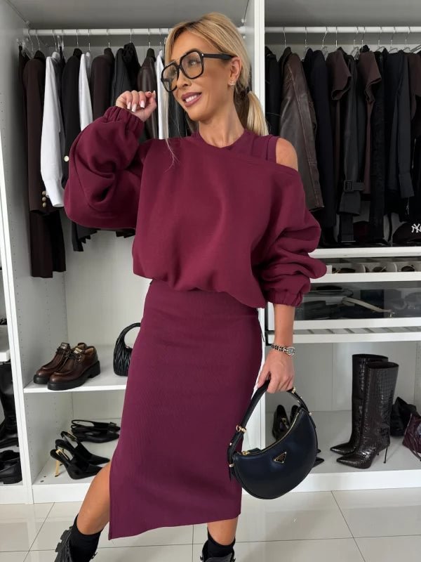 Womens Relaxed Off-shoulder Batwing-sleeve Cropped Top And Tank Dress Set - Image 8