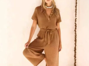 New Womens V-neck Buttoned Short-sleeve Wide-leg Pants With A Tie
