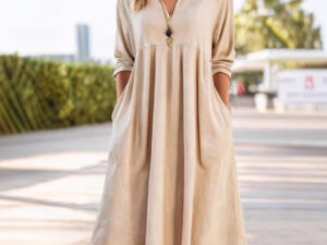 Womens Relaxed-fit Vintage Cotton-Linen Long-Sleeve V-Neck Dress With Pockets