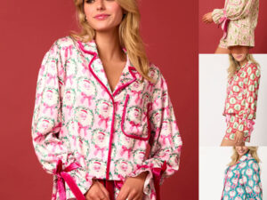 2 Pcs Women's Christmas Pajama Set Santa Tree Print Lapel Neck Button-up Long Sleeve Tops Shorts Loungewear Outfit