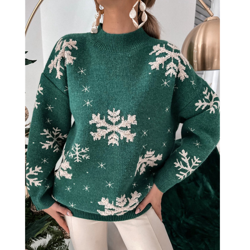 Fall Winter Women's Christmas Sweater Knitted Fluffy Loose Casual Christmas Snowflake Print Long Sleeves Pullovers Tops Streetwear - Image 3