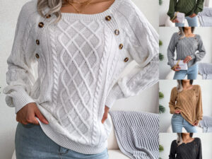Square Neck Knitted Sweater With Button Design Winter Warm Long Sleeve Tops Women's Clothing