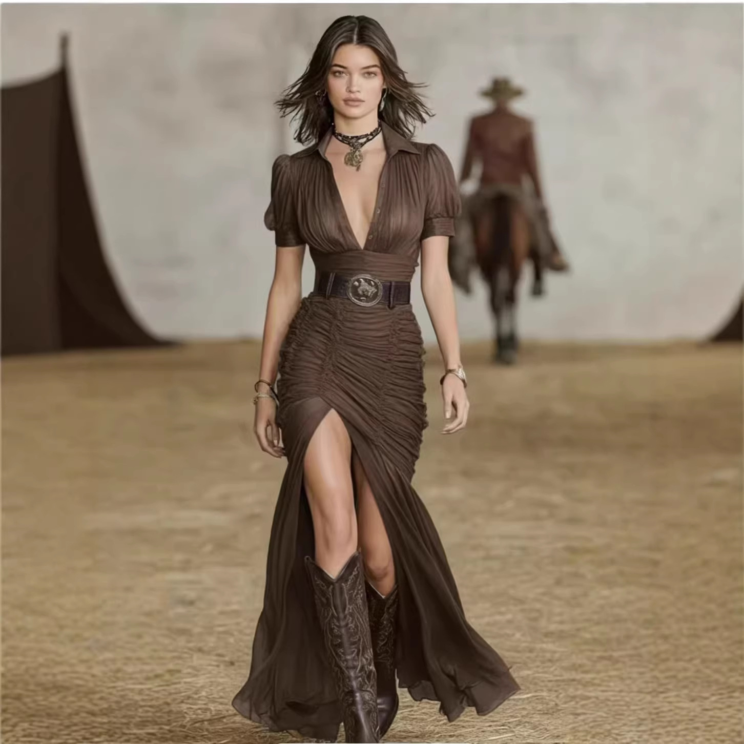 Womens Pleated Collar Button-front Short-sleeve Waist-length Dress Belt Not Included - Image 2