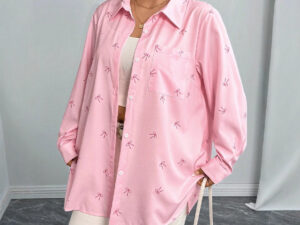 New Plus Size Womens Shirt Jacket With Bow Tie And Print Long Sleeve Top