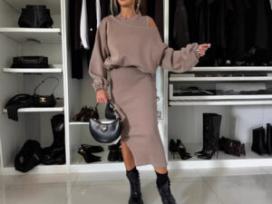 Womens Relaxed Off-shoulder Batwing-sleeve Cropped Top And Tank Dress Set