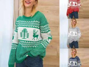 Christmas Sweater Cute Elk Geometric Print Knitted Sweater Woemen Winter Tops Clothes