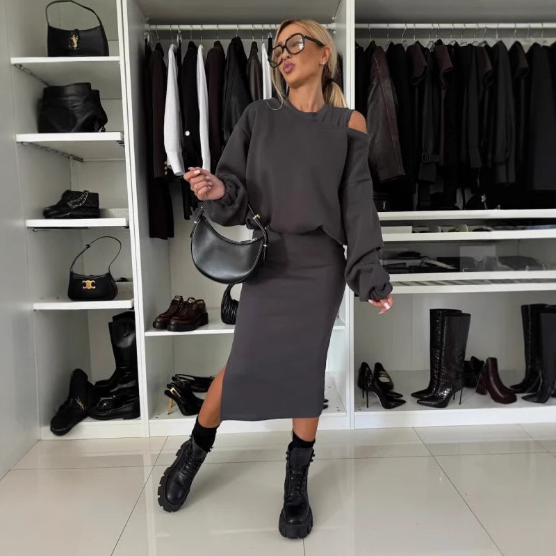 Womens Relaxed Off-shoulder Batwing-sleeve Cropped Top And Tank Dress Set - Image 3