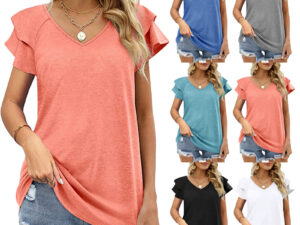 Ruffle Short Sleeve T Shirt Blouses Solid Color Summer Tops Blouse