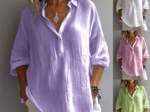 Fashion Long-sleeved Lapel Pullover Shirt Casual Loose Solid Color T-shirt Tops Women's Clothing