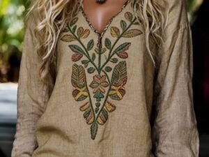 Ethnic Style V-neck Loose-fitting Long-sleeved Casual Pullover Top For Women