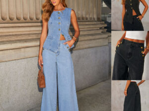 Denim Vest Suits Fashion Sleeveless Button Tops And Wide Leg Straight Pants With Pockets Women's Trousers Set