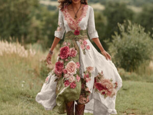 Womens Stylish And Elegant Floral Long-sleeve Dress