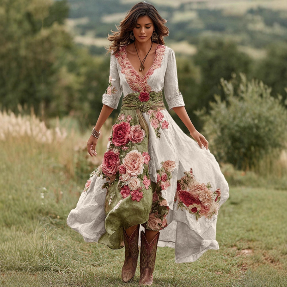 Womens Stylish And Elegant Floral Long-sleeve Dress