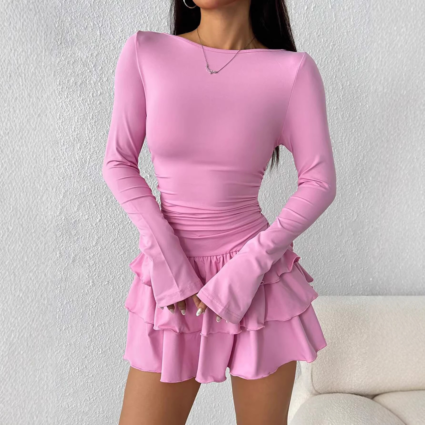 Round-neck Sheath Dress With Pleats And Long Sleeves - Image 4