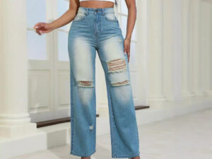 Fashion High Waist Ripped Jeans With Pockets Comfortable Slim Fit Trousers Straight Wide-leg Pants Womens Clothing