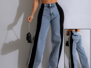 Fashion Casual High Waist Elastic Straight Leg Trousers Three Stripe Patchwork Denim Wide Leg Pants Streetwear