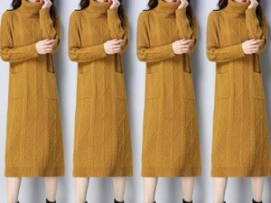 Womens High-neck Long Fleece-lined Extra-thick Loose-fitting Sweater