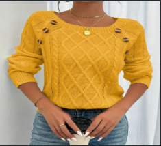 Square Neck Knitted Sweater With Button Design Winter Warm Long Sleeve Tops Women's Clothing - Image 9
